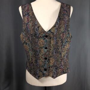 Vintage Embroidered Tapestry Floral Sleeveless Button Cottage Vest Womens Large